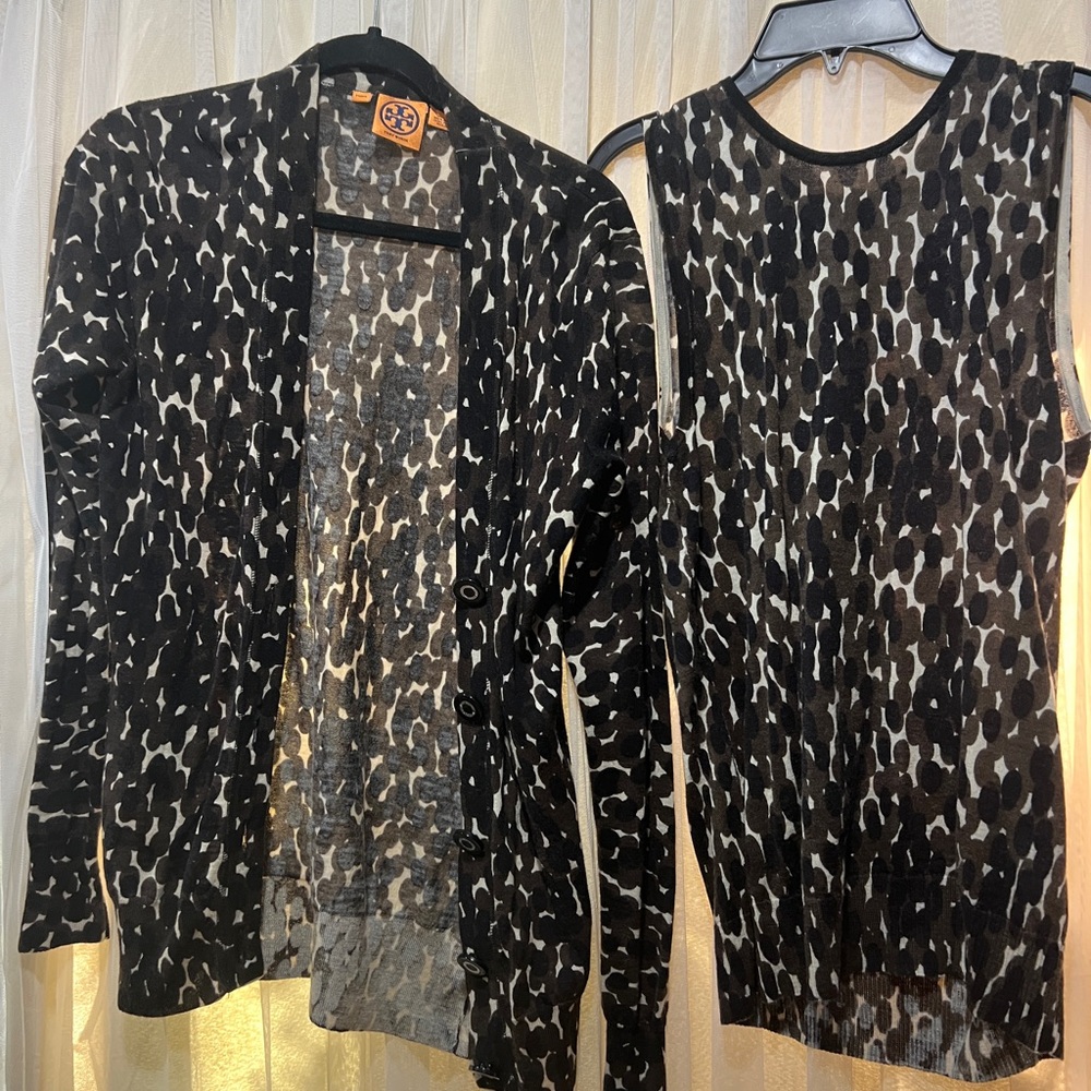 Tory Burch Black and White Patterned Cardigan Set